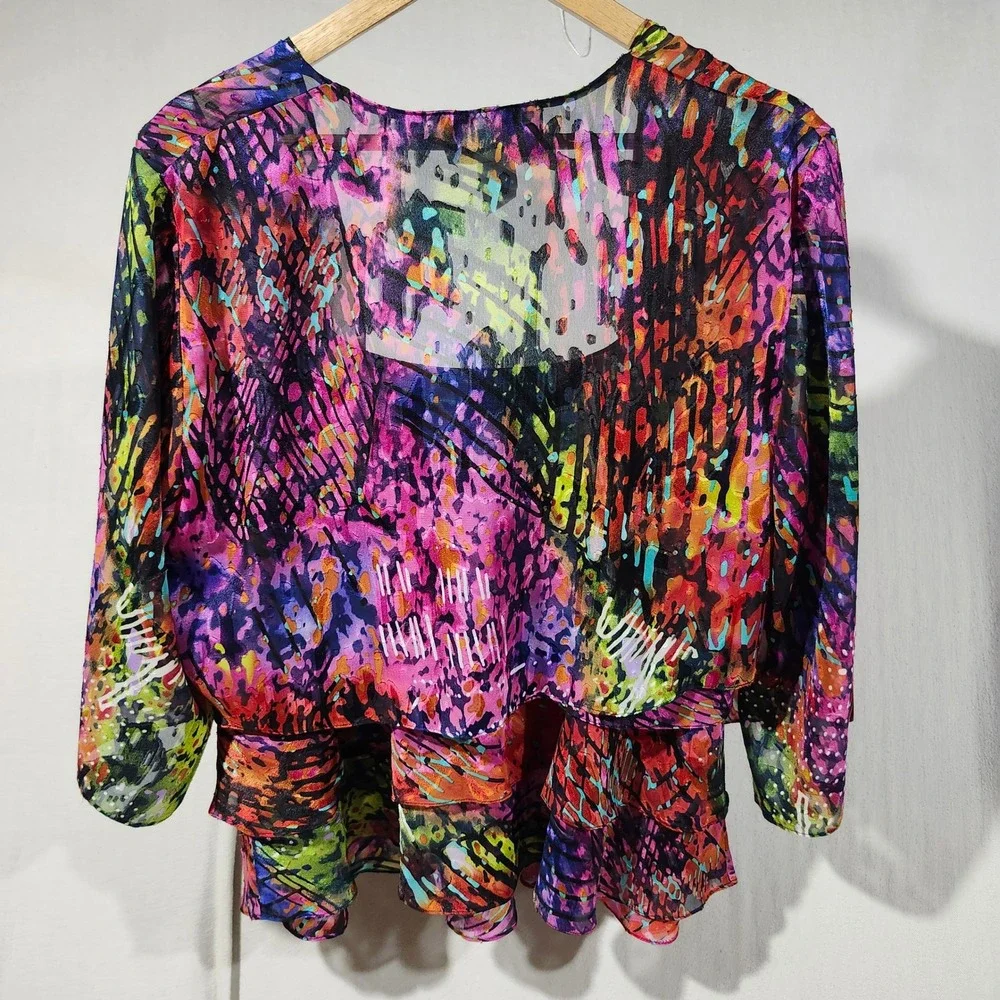 Alex Evenings Womens 1X 2 Piece Set Abstract Multi Color Tiered Top Shrug Jacket